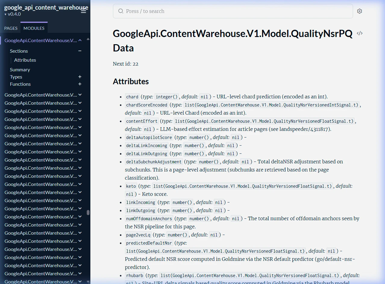 Screenshot of the QualityNsrPQData module from Google's leaked Content Warehouse API documentation on HexDocs, showing chard, chardScoreEncoded, contentEffort, keto, and other quality scoring attributes