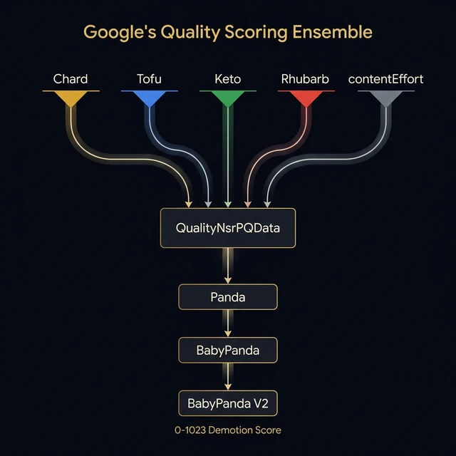 Diagram showing the five quality models (Chard, Tofu, Keto, Rhubarb, contentEffort) feeding into QualityNsrPQData, which then feeds the Three Pandas demotion system